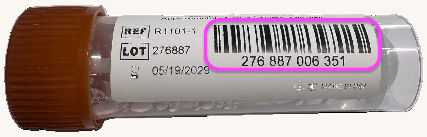 Example collection tube showing barcode lines with the number printed below them