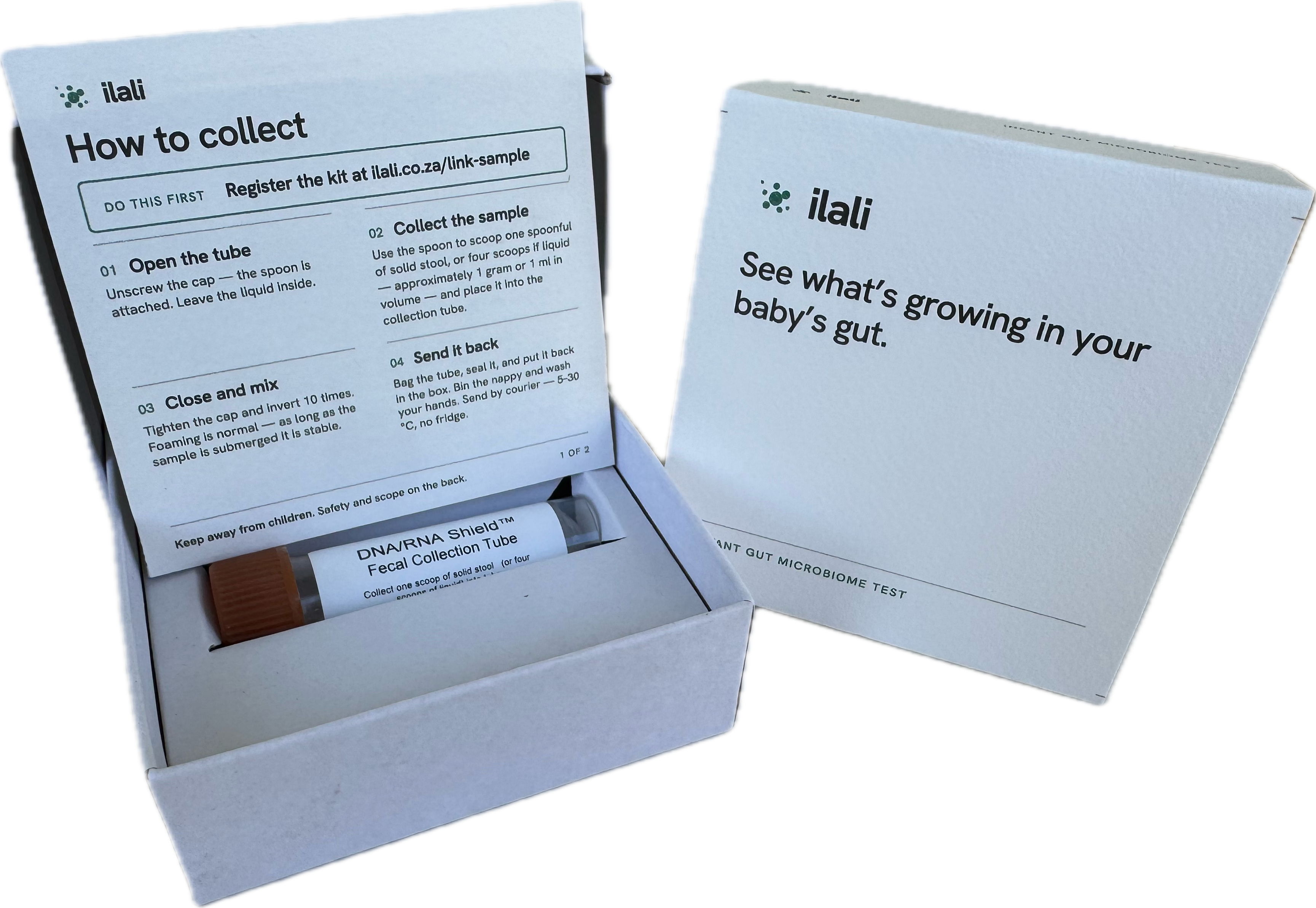 ilali home collection kit, open with instructions and collection tube